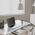 Modern Study Room Interior With White Desk Gray Chair Laptop Pendant Lamp And Window Blinds