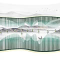 Illuminated Green Vertical Slat Partition With Hanging Ornaments And Mountain Landscape