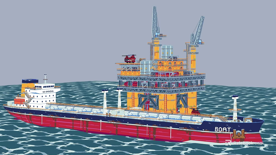 Large Red and Blue Cargo Ship Near Offshore Drilling Platform With Crane and Helicopter 3d model 