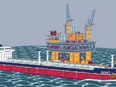 Large Red and Blue Cargo Ship Near Offshore Drilling Platform With Crane and Helicopter 3d model