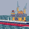 Large Red and Blue Cargo Ship Near Offshore Drilling Platform With Crane and Helicopter