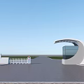 Modern Entrance Gate Design With White Geometric Structure Glass Panels Open Area And Blue Sky