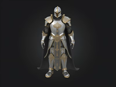 Medieval Silver And Gold Full Body Armor With Helmet And Cloak Design 3d model