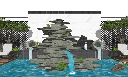 New Chinese style landscape sketch waterfront landscape stone leisure chair 3d model