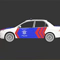 White Police Car With Blue Red Stripes And Roof Lights POLIS Logo