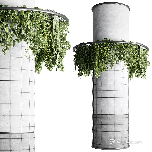 Decorative Concrete Columns With Hanging Green Vines And Grid Pattern Design 3d model