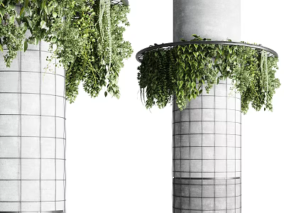 Decorative Concrete Columns With Hanging Green Vines And Grid Pattern Design 3d model