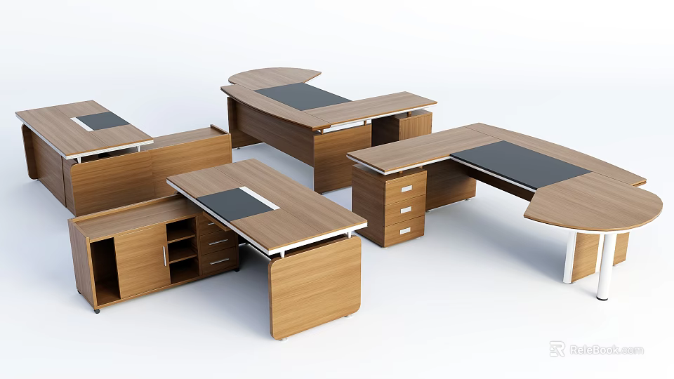 Various Wooden Office Desks With Black Surfaces Drawers And Storage Cabinets 3d model 