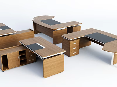 Various Wooden Office Desks With Black Surfaces Drawers And Storage Cabinets 3d model
