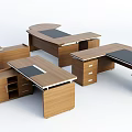 Various Wooden Office Desks With Black Surfaces Drawers And Storage Cabinets