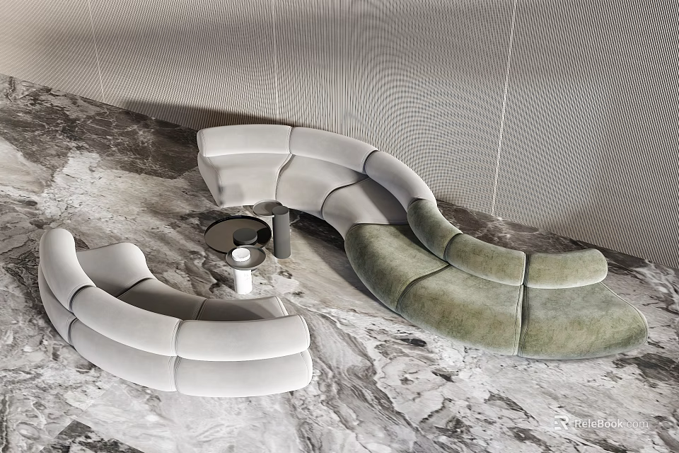 Modern Curved Sofa And Coffee Table Set With Light Green Upholstery And Round Metal Base 3d model 