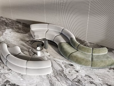 Modern Curved Sofa And Coffee Table Set With Light Green Upholstery And Round Metal Base 3d model