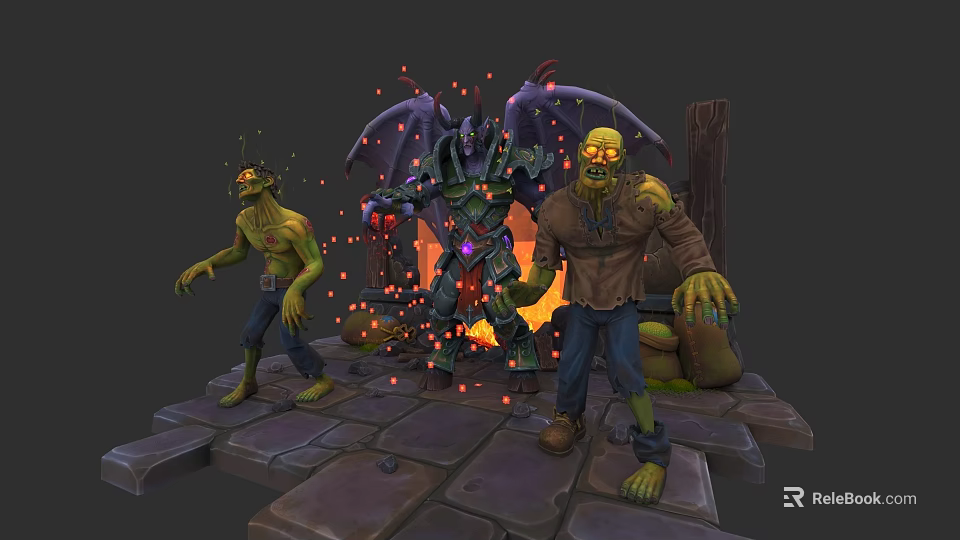 Demon Warrior With Wings And Zombies Standing On Stone Platform With Flaming Background 3d model 