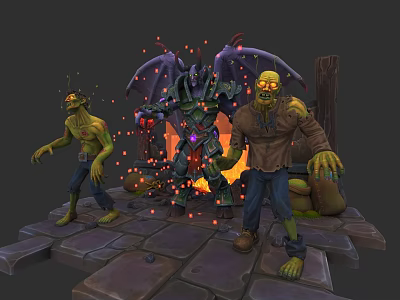Demon Warrior With Wings And Zombies Standing On Stone Platform With Flaming Background 3d model