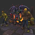 Demon Warrior With Wings And Zombies Standing On Stone Platform With Flaming Background