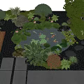 Lush Courtyard Garden with Koi Fish Pond Water Lilies Wooden Deck and Stone Path