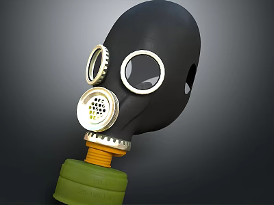 Military Weapon Gas Mask 3D Model with Black Body Golden Components and Green Base 3d model