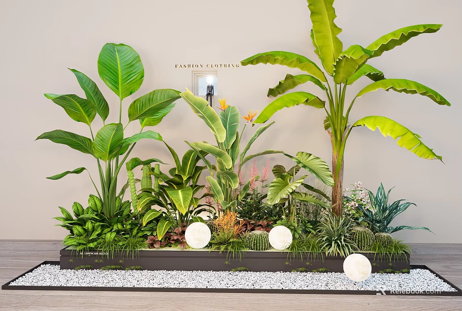 Indoor Plant Arrangement With Large Green Leaves Various Tropical Plants And White Decorative Balls 3d model 