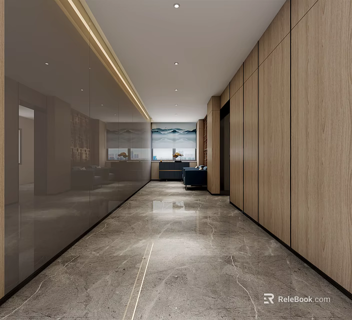 Modern Elevator Hallway Interior Design With Wooden Walls Marble Flooring And Mirrored Elements 3d model