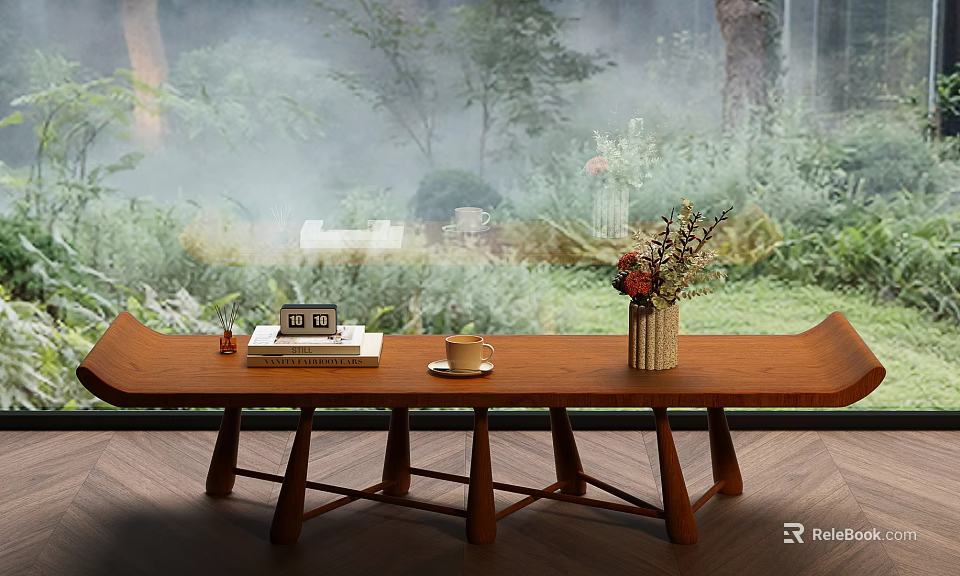 Natural Wooden Sofa Coffee Table Set With Books Clock Cup Vase And Green Plant Scenery 3d model 