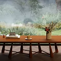 Natural Wooden Sofa Coffee Table Set With Books Clock Cup Vase And Green Plant Scenery