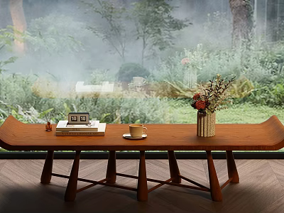 Natural Wooden Sofa Coffee Table Set With Books Clock Cup Vase And Green Plant Scenery 3d model