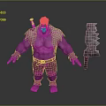 Purple Skinned Muscular Creature Character With Mask Shoulder Device And Large Axe Weapon