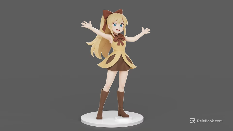 Anime Game Movie Character with Blonde Hair Cat Ear Headband Yellow Brown Dress Brown Boots 3d model 