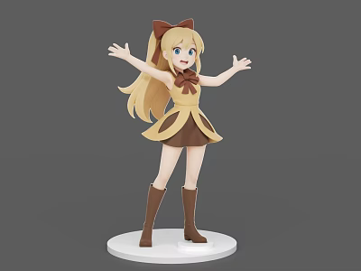 Anime Game Movie Character with Blonde Hair Cat Ear Headband Yellow Brown Dress Brown Boots 3d model