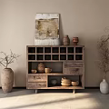 Wooden Entryway Cabinet Sideboard with Compartments Drawers Decorative Painting Ceramic Jars Bowls Vases Dried Branches
