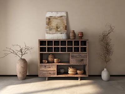 Wooden Entryway Cabinet Sideboard with Compartments Drawers Decorative Painting Ceramic Jars Bowls Vases Dried Branches 3d model