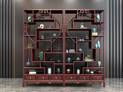 Traditional Red Chinese Display Cabinet with Symmetrical Design and Decorative Vases Tea Sets Books 3d model