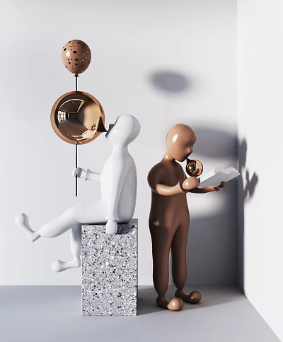Two Modern Sculptures with White Brown Figures Stone Pedestal Metallic Sphere Book Bell and Shadows 3d model