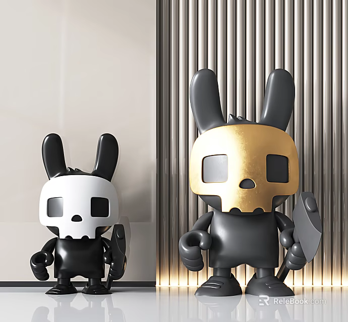 Black and White Golden Rabbit Skull Decorative Dolls with Shield and Axe 3d model 