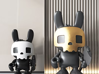 Black and White Golden Rabbit Skull Decorative Dolls with Shield and Axe 3d model