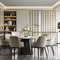 Modern Restaurant Interior With Round Dining Table Gray Chairs Lattice Wall And Soft Lighting