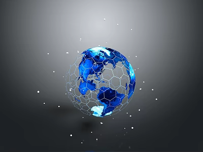 Blue Globe With Hexagonal Grid Surface And White Dots On Gray Background 3d model
