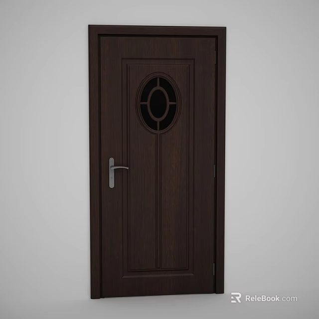 Dark Brown Hinged Door With Circular Glass Window And Silver Handle 3d model 