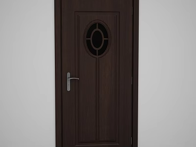 Dark Brown Hinged Door With Circular Glass Window And Silver Handle 3d model