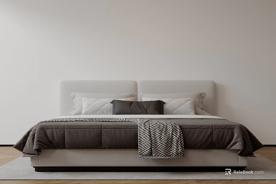 Modern Double Bed Interior With Light Headboard Pillows And Gray Blanket 3d model