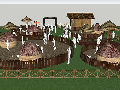 Outdoor Rustic Activity Area With Thatched Huts Wooden Fences And People 3d model