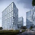 Industrial Factory Building Modern High Rise Structure With Glass Curtain Walls Green Areas And Roadside Scene