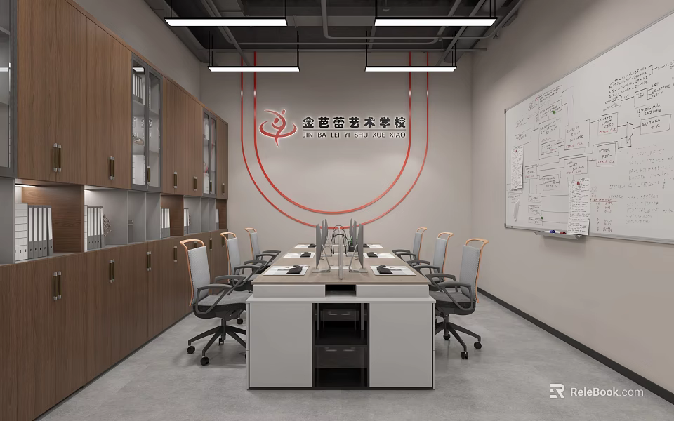 Modern Meeting Room with Long Table Ergonomic Chairs White Whiteboard and Wooden Cabinets 3d model 