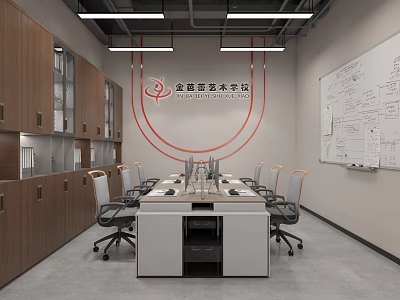 Modern Meeting Room with Long Table Ergonomic Chairs White Whiteboard and Wooden Cabinets 3d model