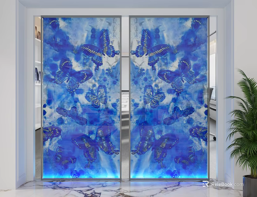 Modern Decorative Blue Glass Screen With Butterfly Patterns And Illuminated Design 3d model 