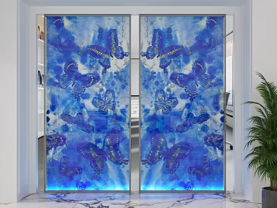 Modern Decorative Blue Glass Screen With Butterfly Patterns And Illuminated Design 3d model