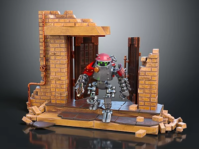 Red And Gray Robot Standing In Broken Brick Wall Doorway With Debris 3d model