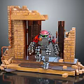 Red And Gray Robot Standing In Broken Brick Wall Doorway With Debris