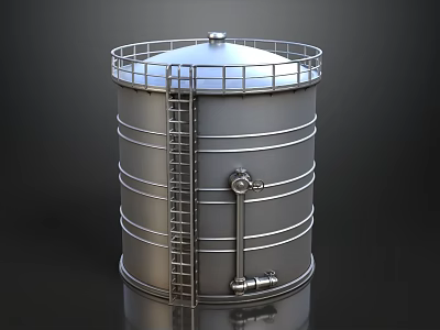 Cylindrical Metal Storage Tank With Top Railing Side Ladder And Bottom Valves 3d model