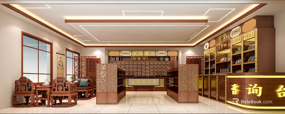 Chinese Traditional Medicine Store With Wooden Counters Medicine Cabinets And Screens 3d model 